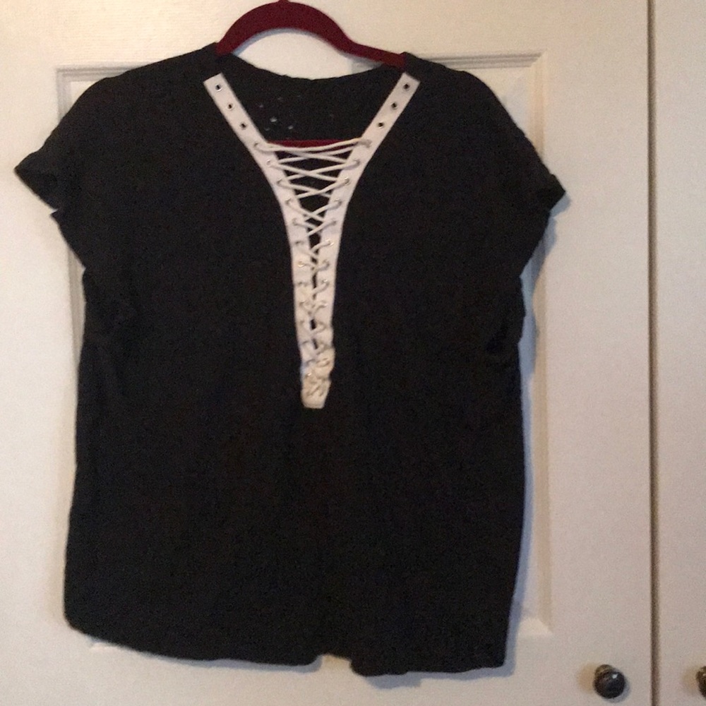 Black Distressed Lace Up T Shirt